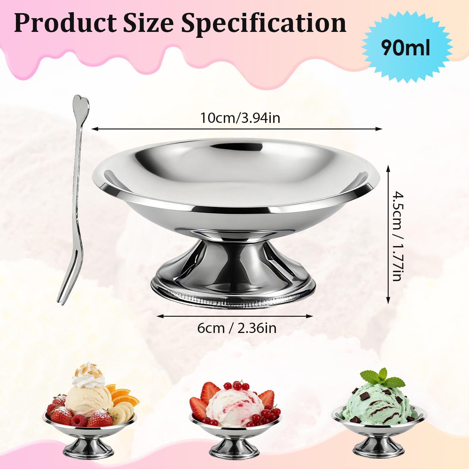 Tissting Ciotole per gelato con forchetta, coppe da dessert in acciaio inossidabile set da 4, ciotole da portata in metallo per budino, insalata e gelato, stoviglie da per uso domestico (10CM)