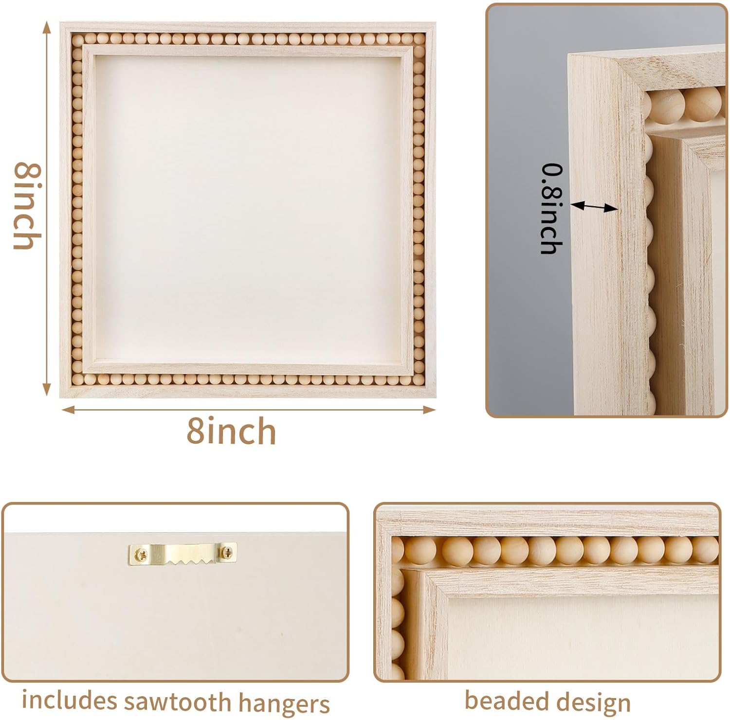 Wenqik 4 Pack Beaded Wood Canvas Panels Unfinished Wooden Blank Framed Signs Boho Style Panel Boards Square Plaques for DIY Crafts Painting Pouring Drawing Art Projects(8 x 8 Inch)