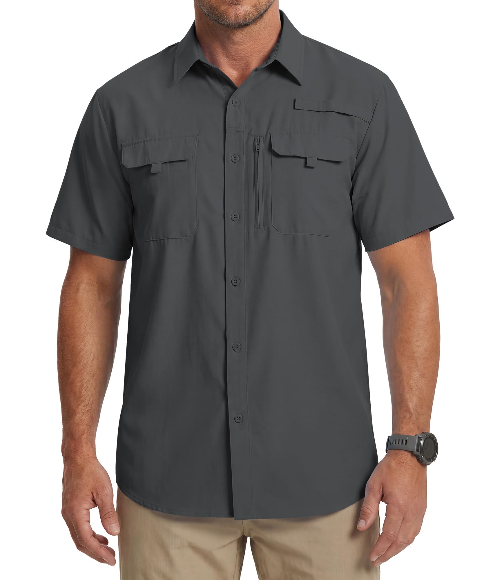 Chemise Homme Manches Courtes UPF 50+ Protection UV Séchage Rapide Légère Respirante Chemise Outdoor pour Randonnée Pêche Voyage Safari Travail