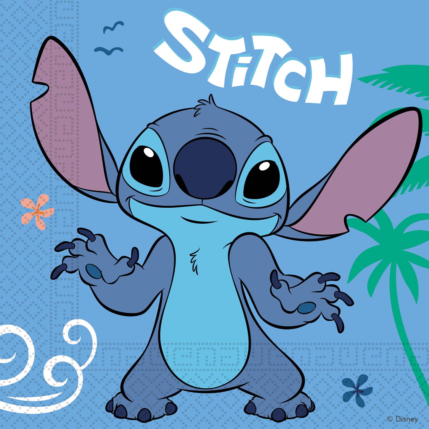 Procos - Decorazione di compleanno Stitch, set da 55 pezzi, contiene 8 piatti di carta, 8 bicchieri di carta, 20 tovaglioli, tovaglia, ghirlanda, 8 palloncini, palloncino in foil, 8 sacchetti