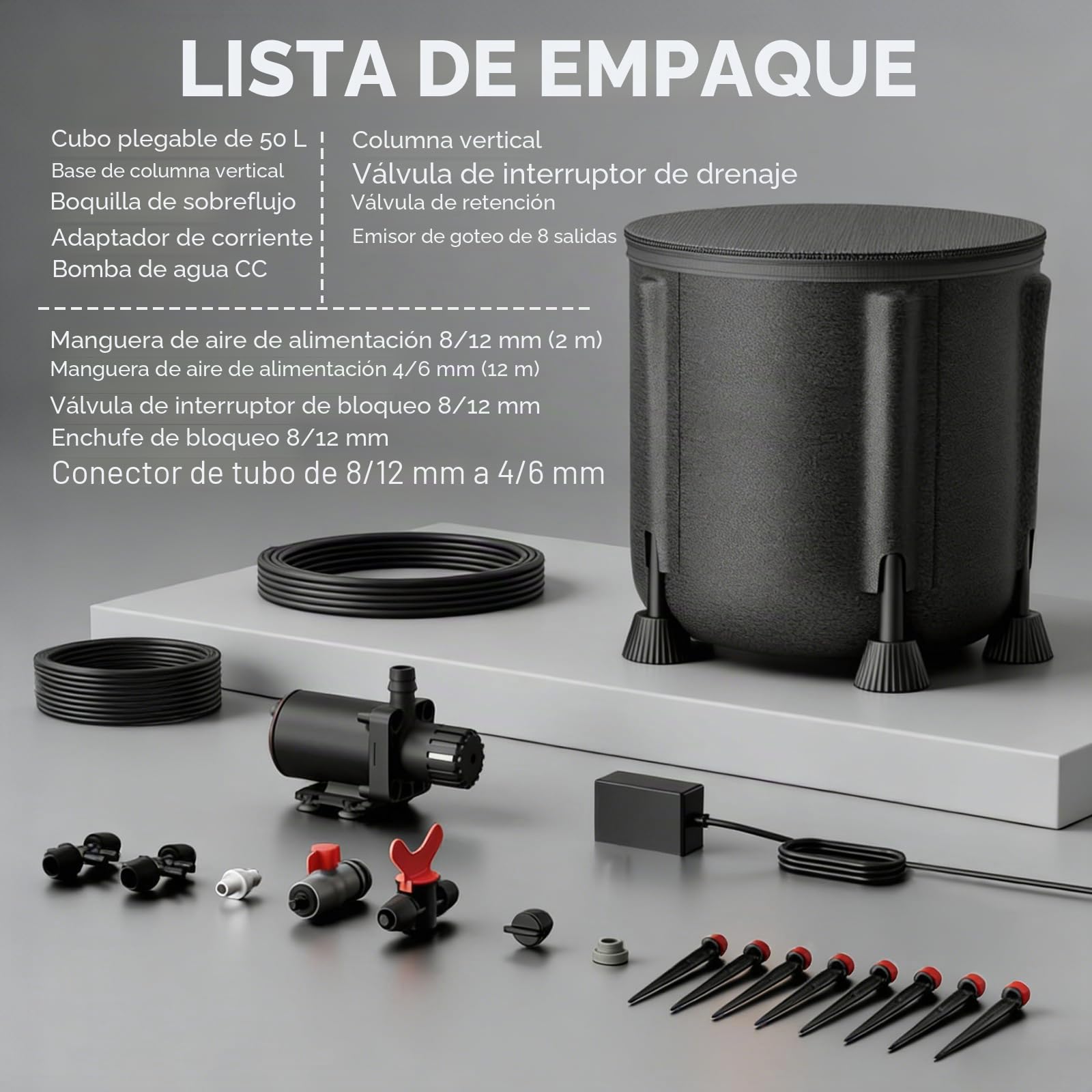 Sistema de riego automático con cubo plegable 50L y bomba de 25W | Con 8 boquillas de goteo y modos automático o manual, ideal para jardín, patio, invernadero y plantas