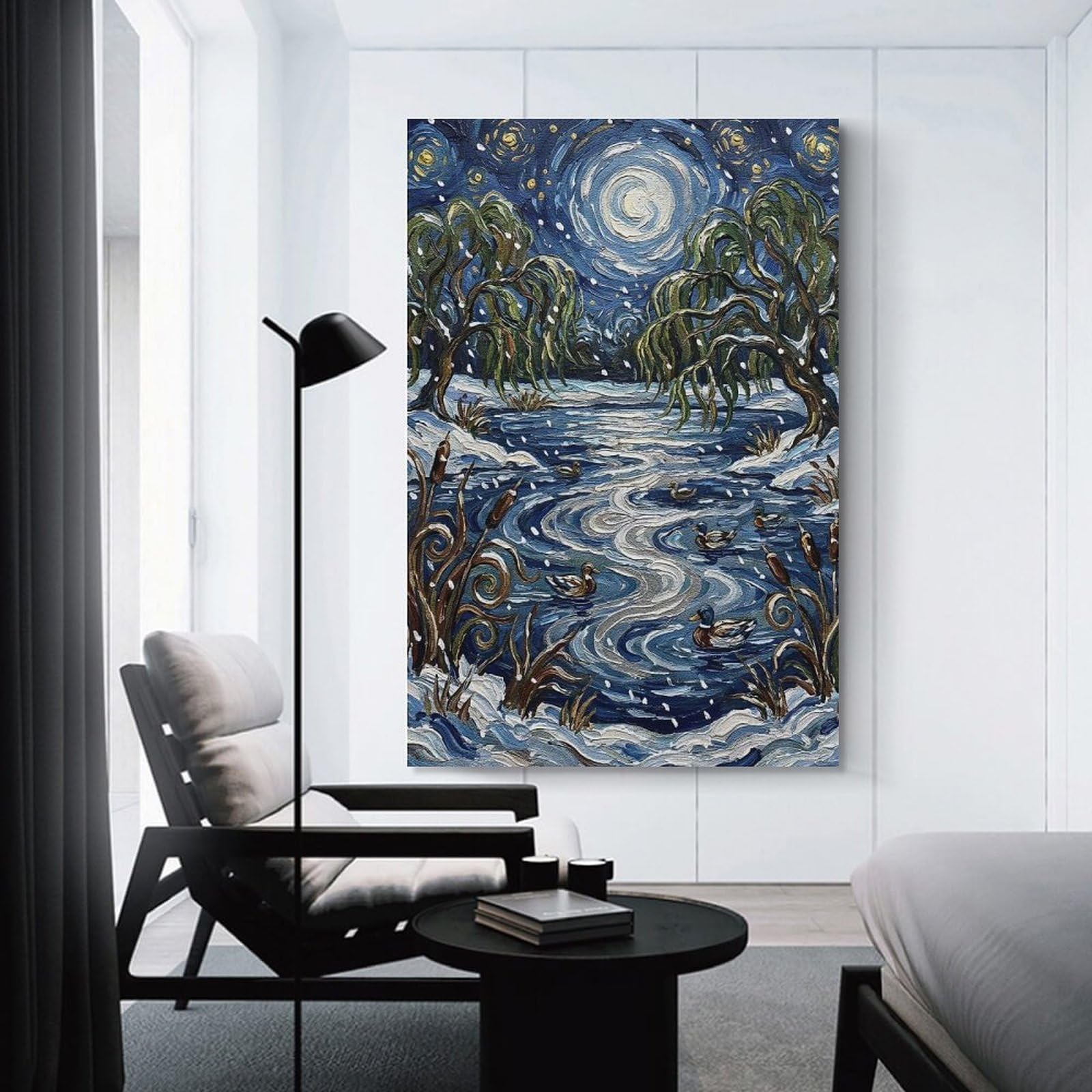 Junmoney Winter Pond with Ducks Painting Wall Decor Canvas Print, 24x36inch(60x90cm), for Bedroom, Lounge Or Dressing Area, Decorative Wall Art for Cosy Rooms