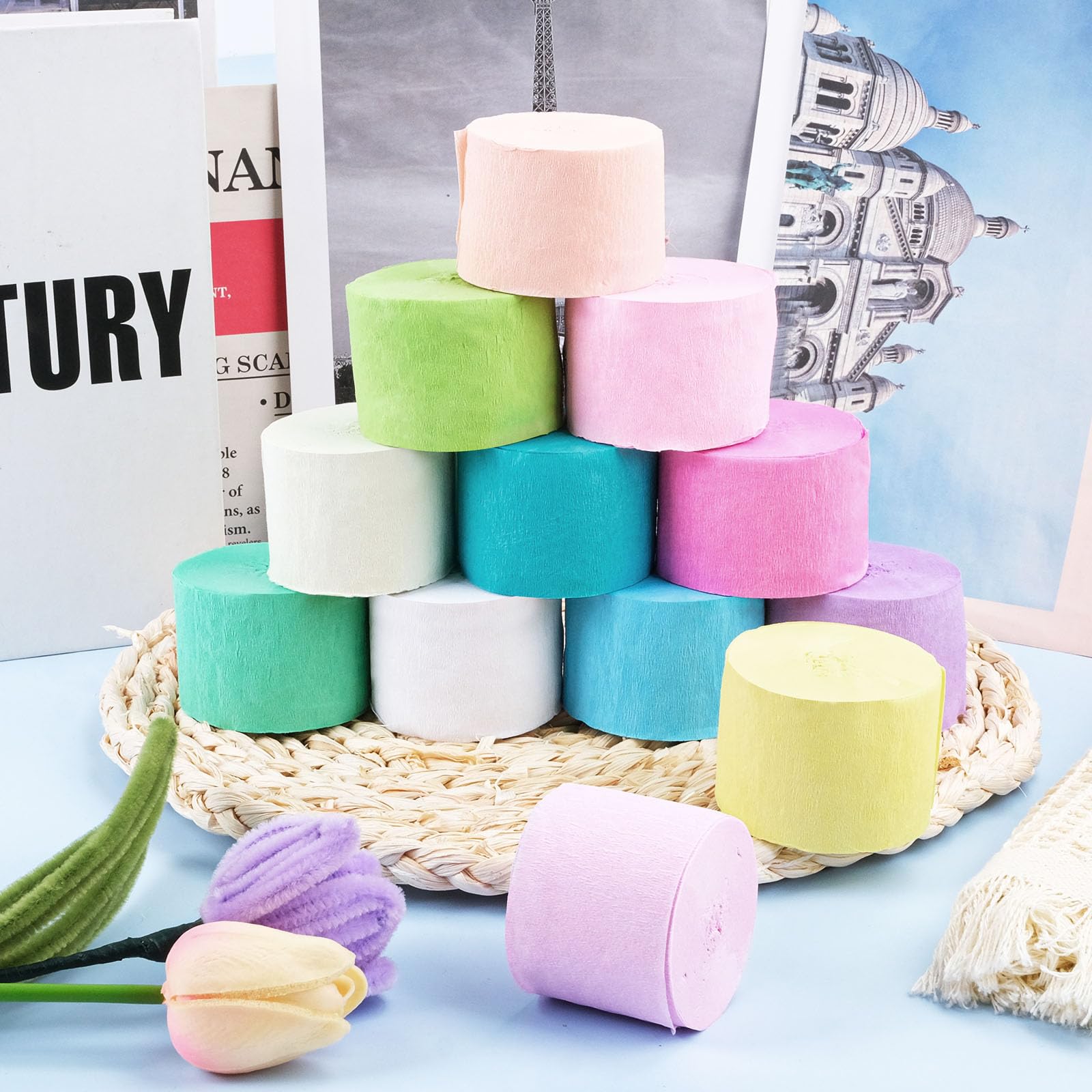 26 Rouleaux Papier Crépon Coloré 4,5cm X 10m - Décorations Fêtes Mariage Anniversaire