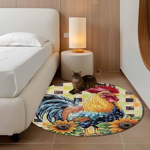 Miniatura 3 de 4ft Round Rug, Retro Rooster Non-Skid Rubber Backing Large Area Rugs - Living Room Bedroom Home Office, Yellow Sunflower Watercolor Animals Plaid