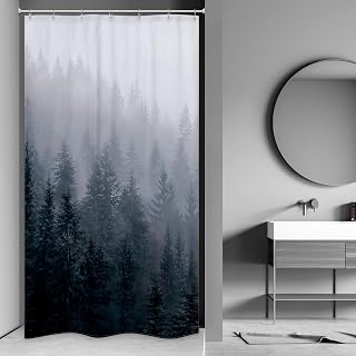 Riyidecor Stall Forest Dark Men Small Half Shower Curtain 36Wx72H Inch Nature Gothic Tree Winter Mountain Foggy Woodland Narrow Decor Bathroom Windows Fabric Polyester Waterproof 7 PCS Plastic Hooks