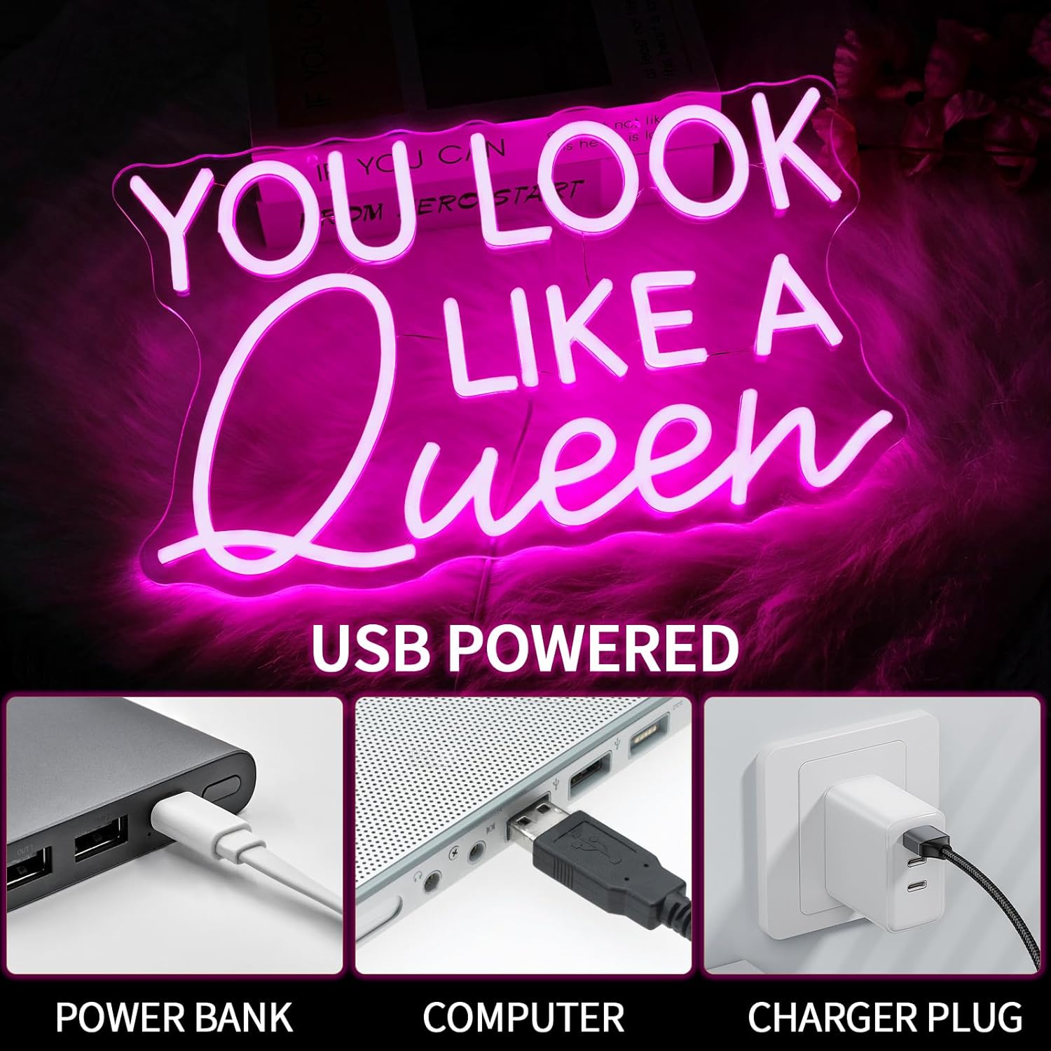 You Look Like A Queen Neon Sign for Wall Decor Dimmable Pink Girl Led Neon Light Letters LED Signs for Girls' Bedroom Dorm Party Bathroom Feminist Wall Art Decor Gifts