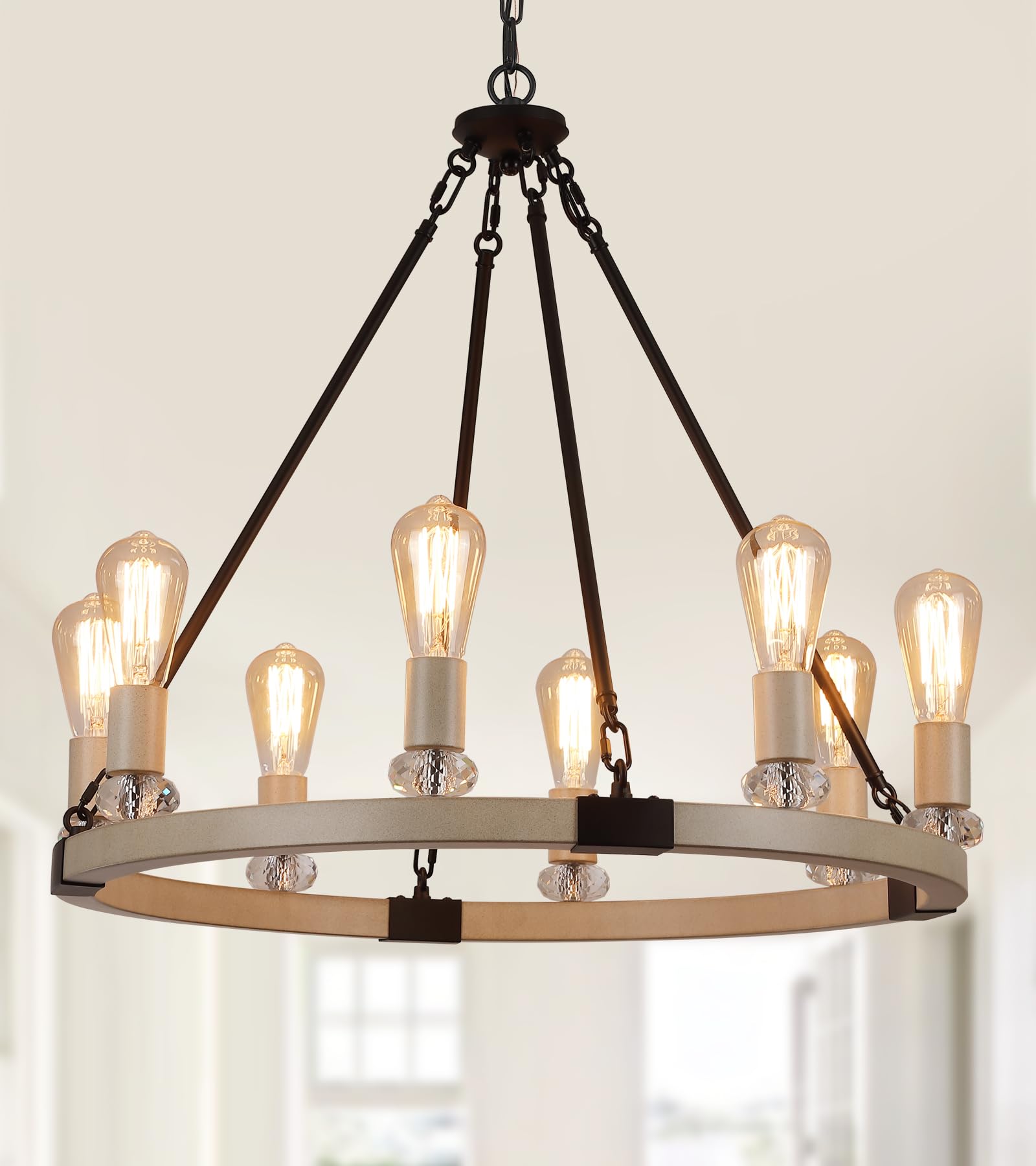 MEIXISUE Modern Farmhouse Rustic Wagon Wheel Chandelier Metal Round Luxury Industrial Country Chandelier Light Fixture for Kitchen Dining Room Entryway 8-Lights E26 W26.3 UL Listed
