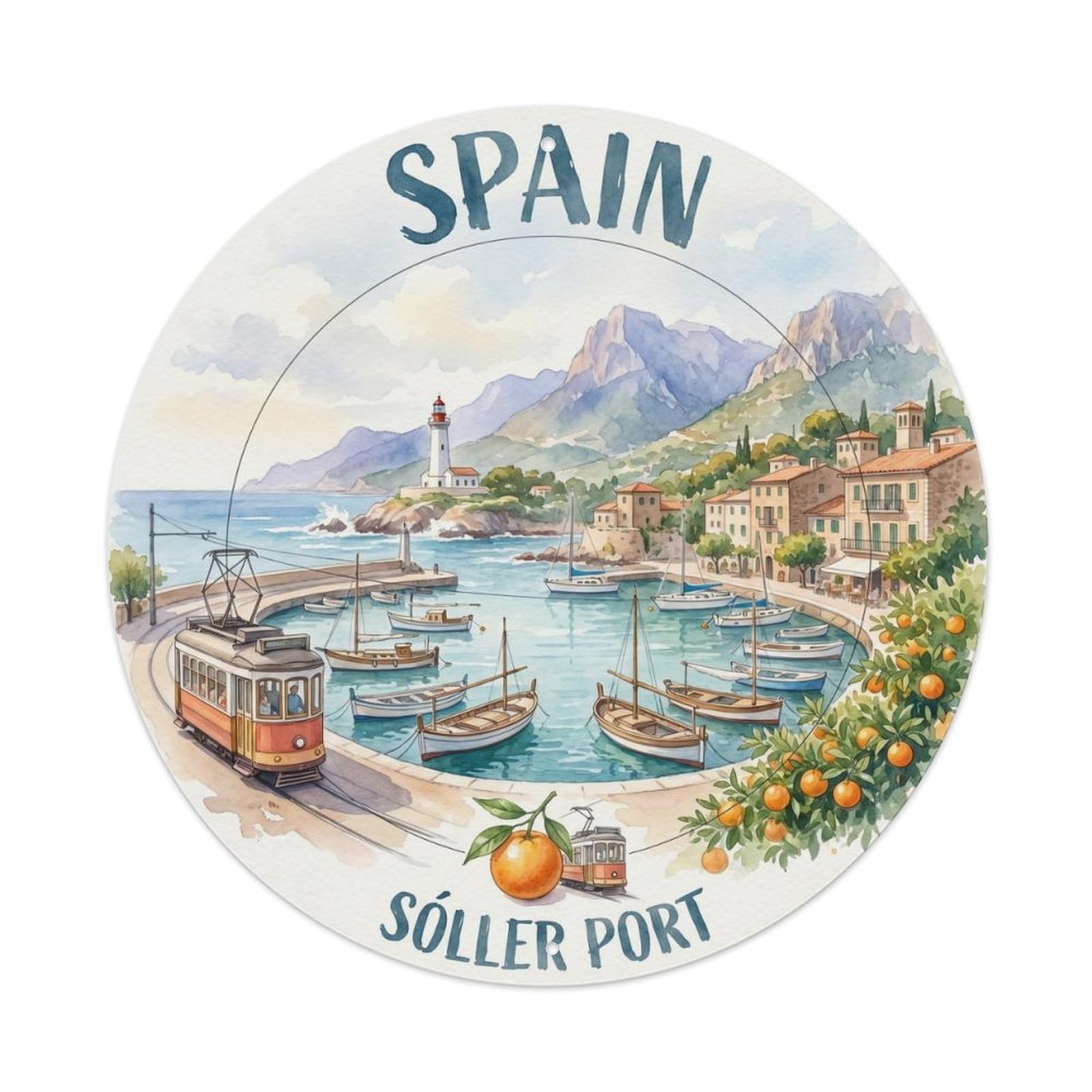 Mallorca Soller Port Spain Coastal Travel Watercolor Metal Tin Sign