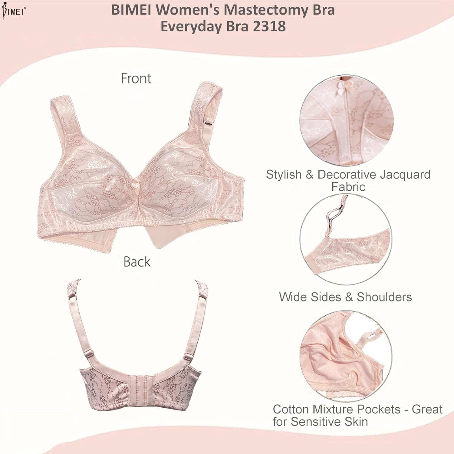 BIMEI Women's Mastectomy Bra Pockets Wireless Post-Surgery Plus Size Sleep Bra -2318,Rose