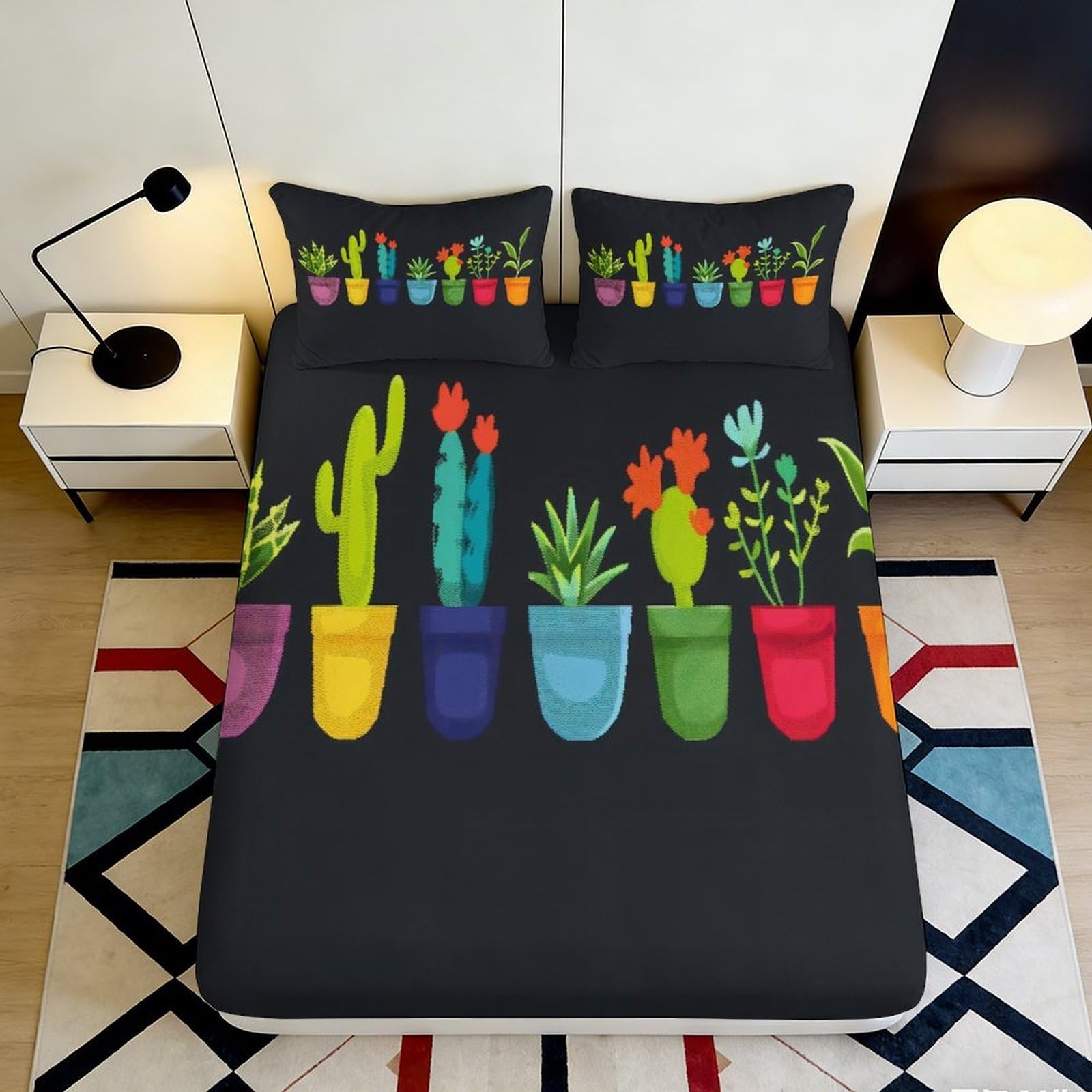 3D Printed Colorful Cactus Fitted Sheet Microfiber Soft Breathable Succulent Plant Bed Cover for Bedroom Dorm Decor 90x200x25cm