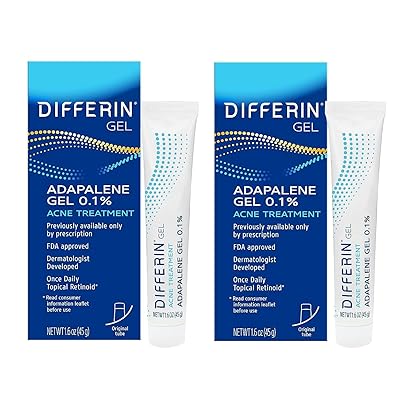 Differin Acne Treatment Gel, 180 Day Supply, Retinoid Treatment for Face with 0.1% Adapalene, Gentle Skin Care for Acne Prone Sensitive Skin, 45g Tube, Pack of 2 Packaging May Vary