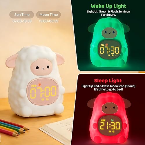 Miniatura 3 de Reloj despertador de oveja con luz nocturna para niños con máquina de entrenamiento del sueño y sonido, lámpara de silicona recargable para