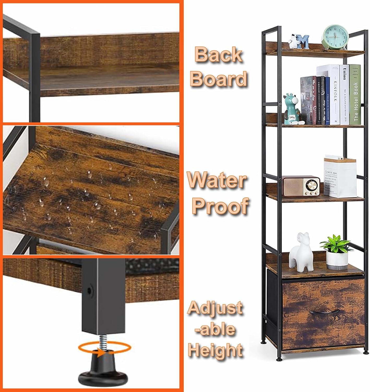 5 Tier Bookshelf with Drawer Wood Metal Rustic Brown,Bookcase with Shelves Tall Narrow, Shelf with Cabinet,Corner Book Shelves Storage Organizer, Display Standing Shelves Unit Bedroom,Living Room