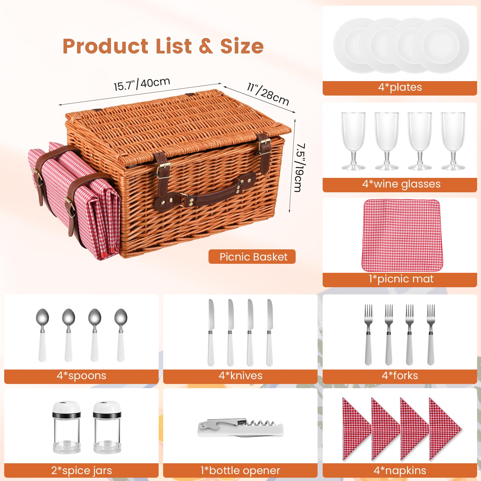 Juego de Cestas de Picnic de Mimbre para 4 Personas, con Compartimento Refrigerante, Manta Impermeable, Platos, Vasos, Cubiertos, para Acampada, Excursiones (Rojo, Hebillas de Cuero)