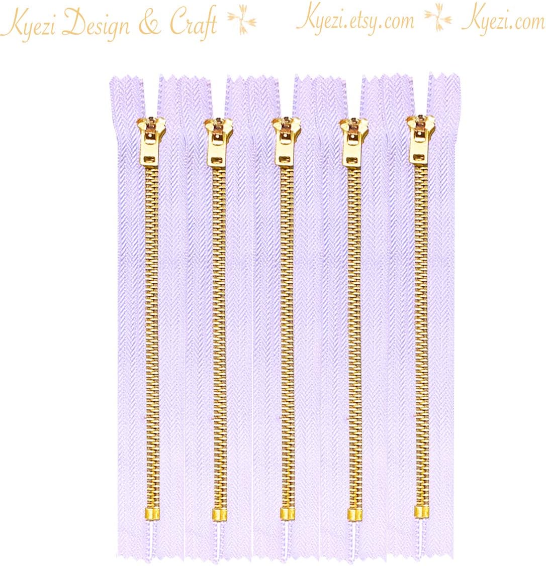 2 5 10 pcs Jeans Zippers #5 Brass Closed Bottom Metal Zippers with Locking Slider - Pink Blue Brown Burgundy Grey Black Green Natural Hot Pink Turquoise (9" - 10 Zippers, Lavender)
