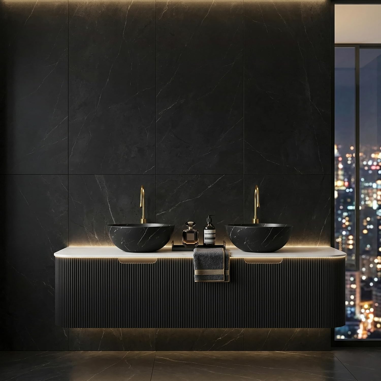 OVENTA 48" Floating Bathroom Vanity with Sink and Countertop Combo, Black Fluted Wall Mounted Cabinet, Pre-Assembled Storage with Marble Sinks, Single Sink Bathroom Vanity, Lavamanos de Baño Modernos