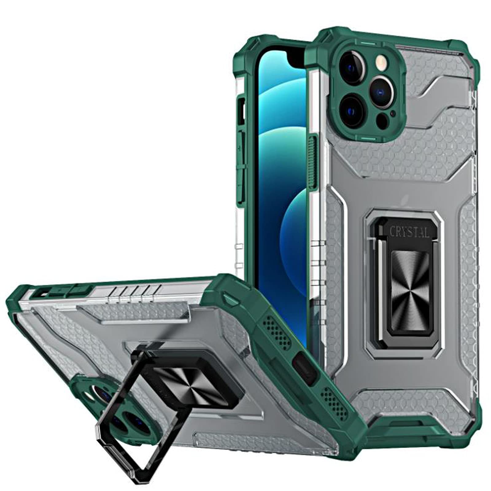Compatible with iPhone 13 Pro Max Case-Cool Mech-Car Magnetic Absorption-Shock Absorption and Drop-Ring Bracket-Honeycomb Heat Dissipation- for iPhone 13 Pro Max Mobile Phone Case (Green)