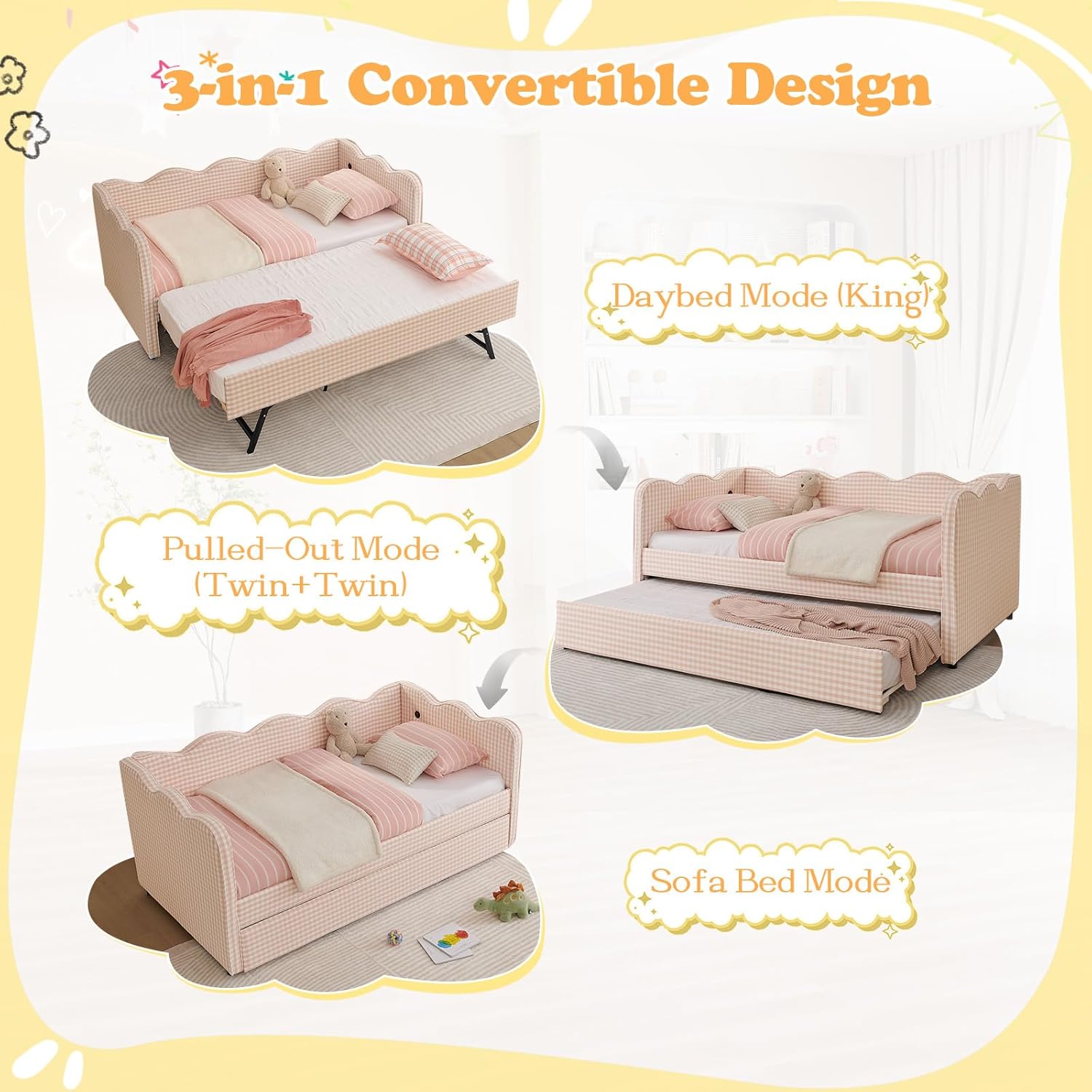 80.5" Daybed with Trundle, Gingham Twin Size Day Bed Frame with USB Charging Ports Modern Upholstered Sofa Bed for Living Room Bedroom Guest Room, Pink