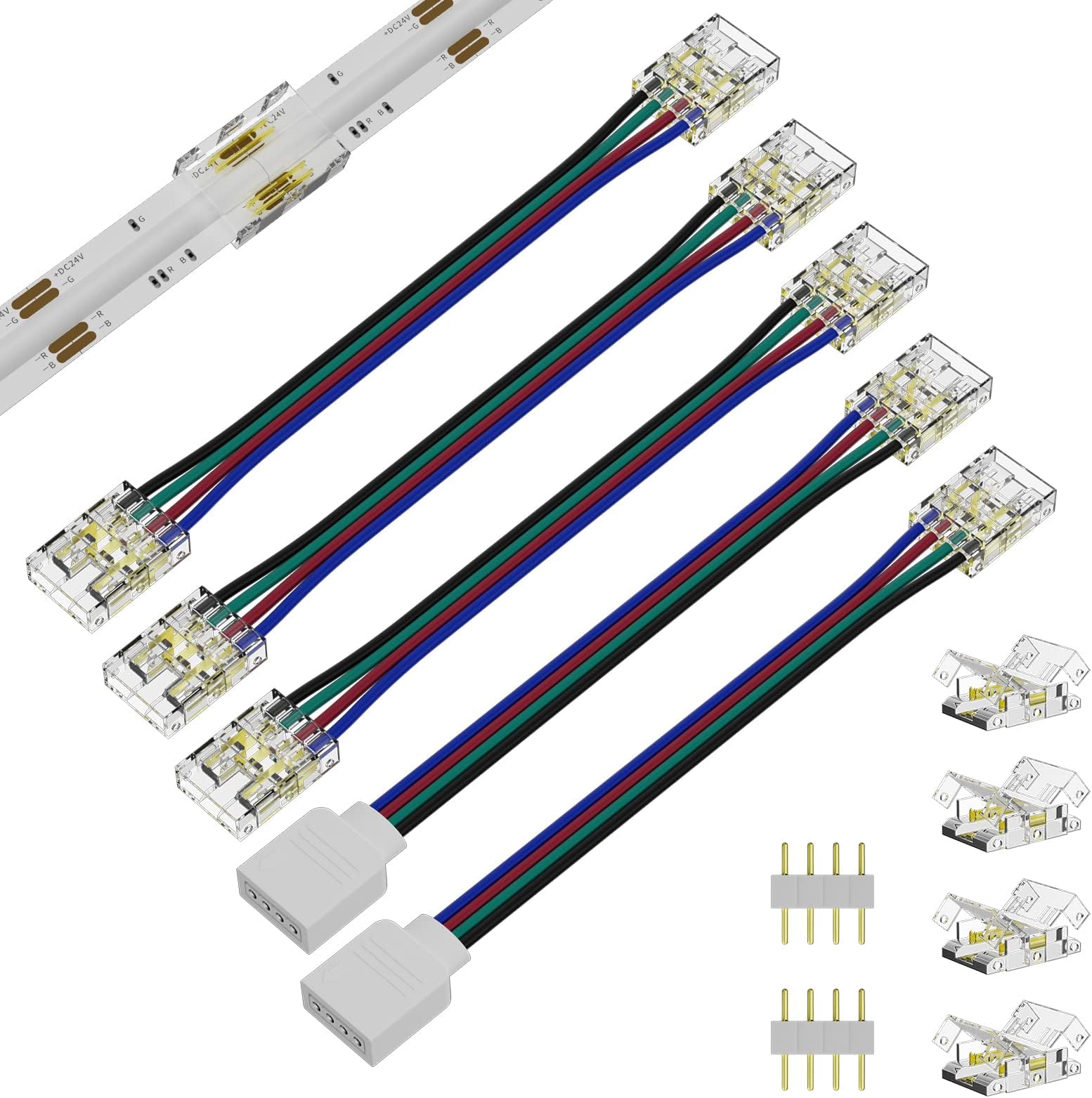 PAUTIX 10mm Connectors for COB RGB LED Strip Lights, 4 Clear Gapless Connectors, 3 Double Ended Extension Connectors and 2 Pcs Single to 4 Pin Plug 5.5 inch Extension Cable