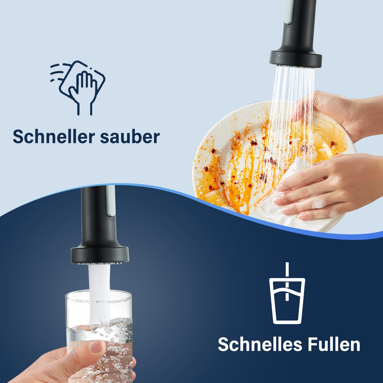 Wasserhahn Küche Schwarz Küchenarmatur mit Brause Mischbatterie Küche 360° Drehbar 2 Sprühfunktionen Spültischarmatur