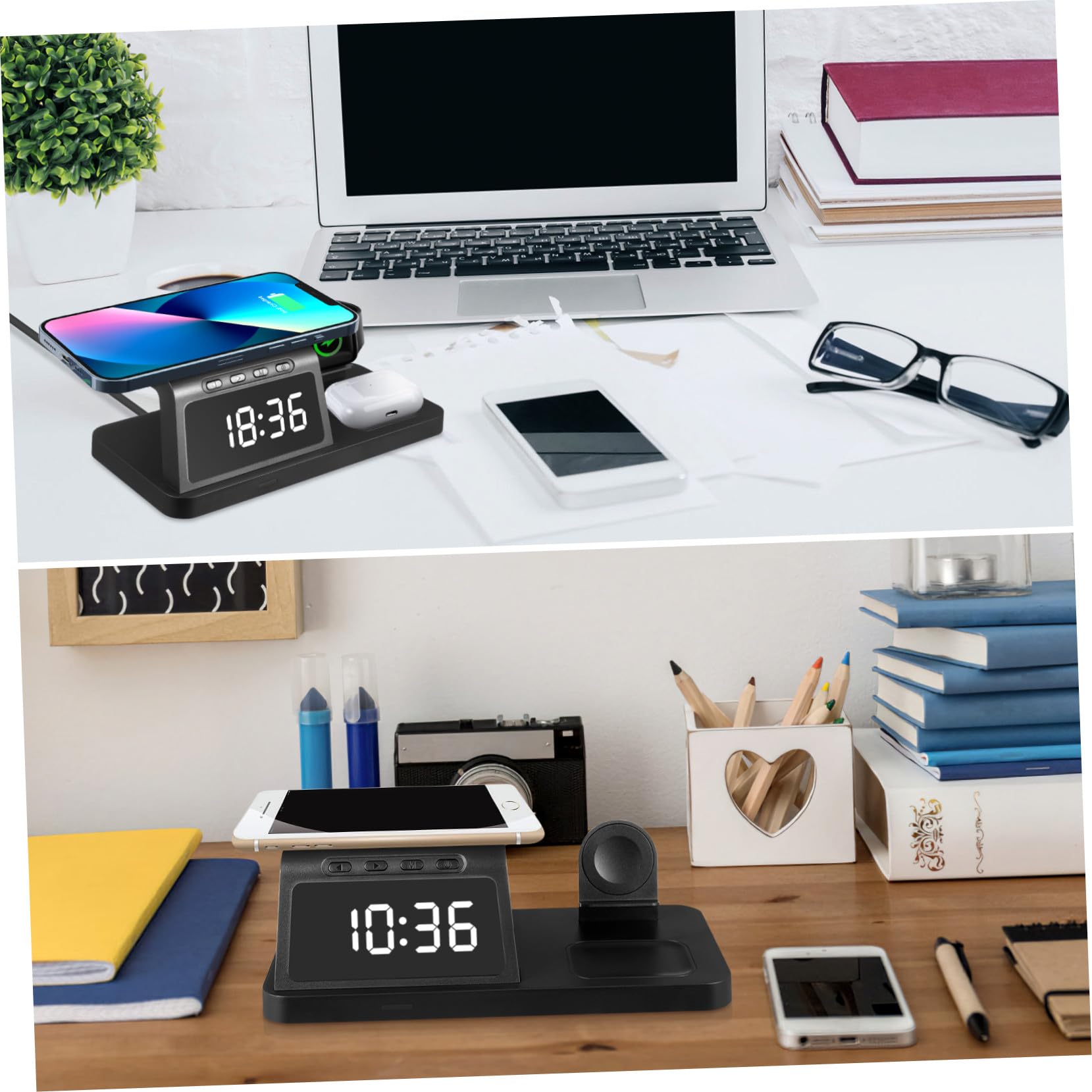 Station de Charge sans Fil Rapide avec Horloge Digitale Support Compatible Montre Connectée et Écouteurs Design Multifonction pour Bureau Organisé