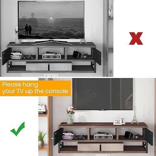 Miniatura 5 de LITTLE TREE Floating TV Stand, Wall Mounted Under TV Floating Shelf with Doors, 3-Tier Entertainment Center Console Cabinet with Storage for Living