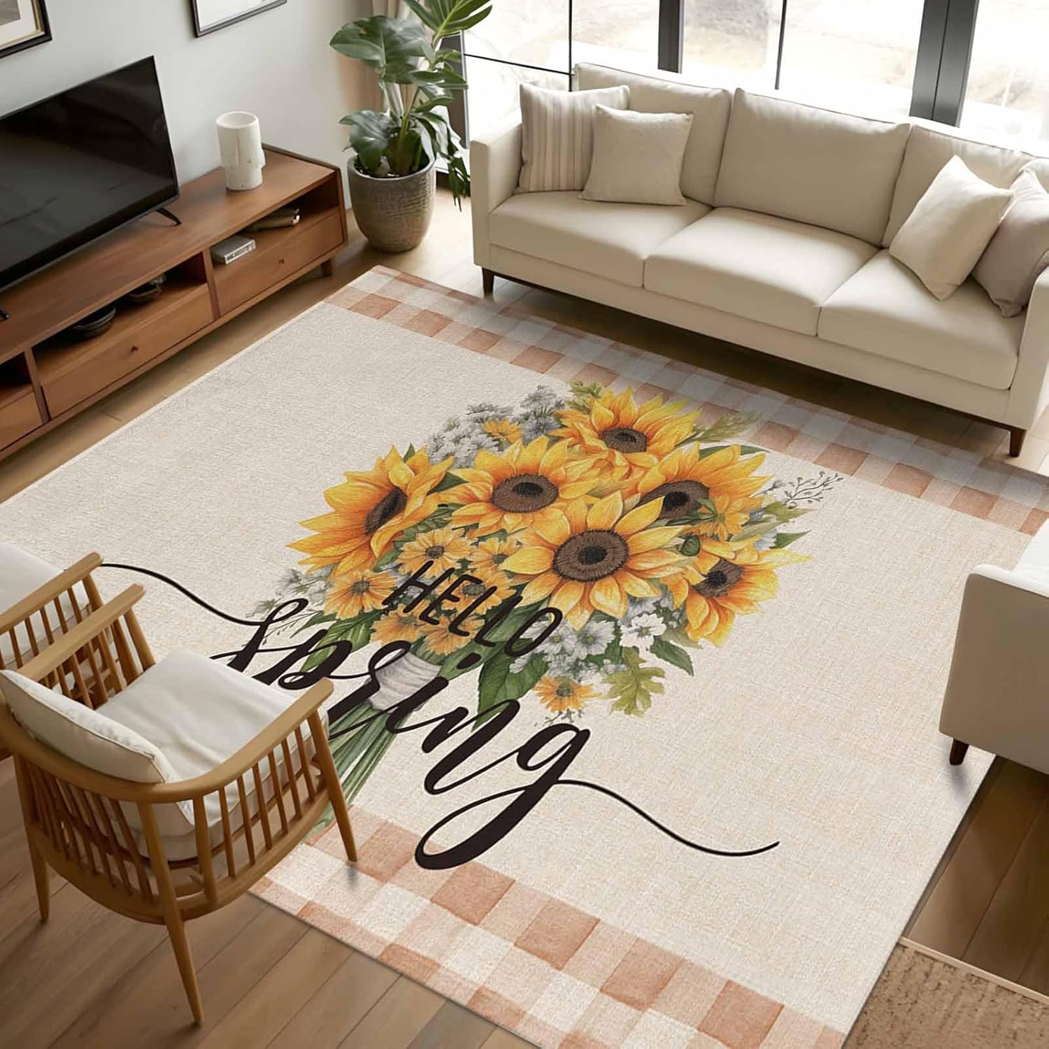 5×7 Area Rugs for Living Room, Sunflower Washable Rug Rectangular Indoor Carpet Non-Slip, Spring Floral Summer Botanical Brown Plaid Low Pile Bathroom Rug Kitchen Runner Rugs for Bedroom