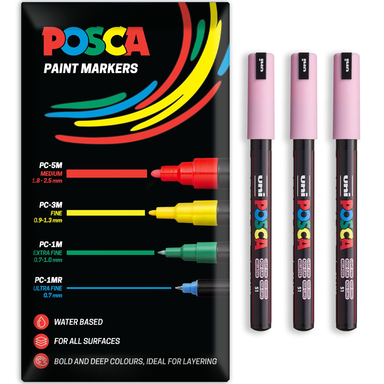 Posca Water Based Acrylic Paint Marker Pens | Multi Surface Use Permanent Paint Pen | Pack of 3 Pens in Envelope Gift Packaging | Glass, Fabric, Canvas, Wood etc | PC-1MR, Light Pink