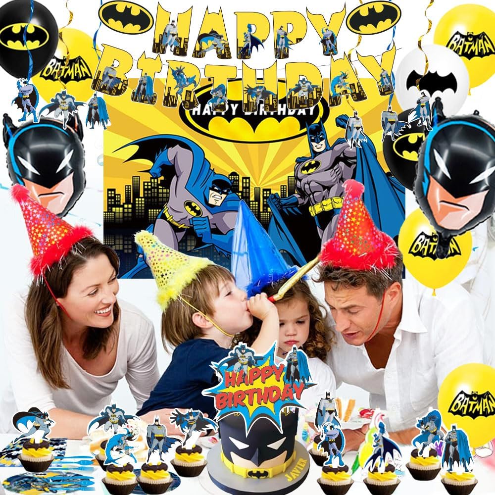 Bat Birthday Decorations, Hero Party Supplies Including Backdrop, Birthday Banner, Tablecloth, Hanging Swirls, Balloons, Cake Toppers, Plates, Napkins, Forks for Cool Party