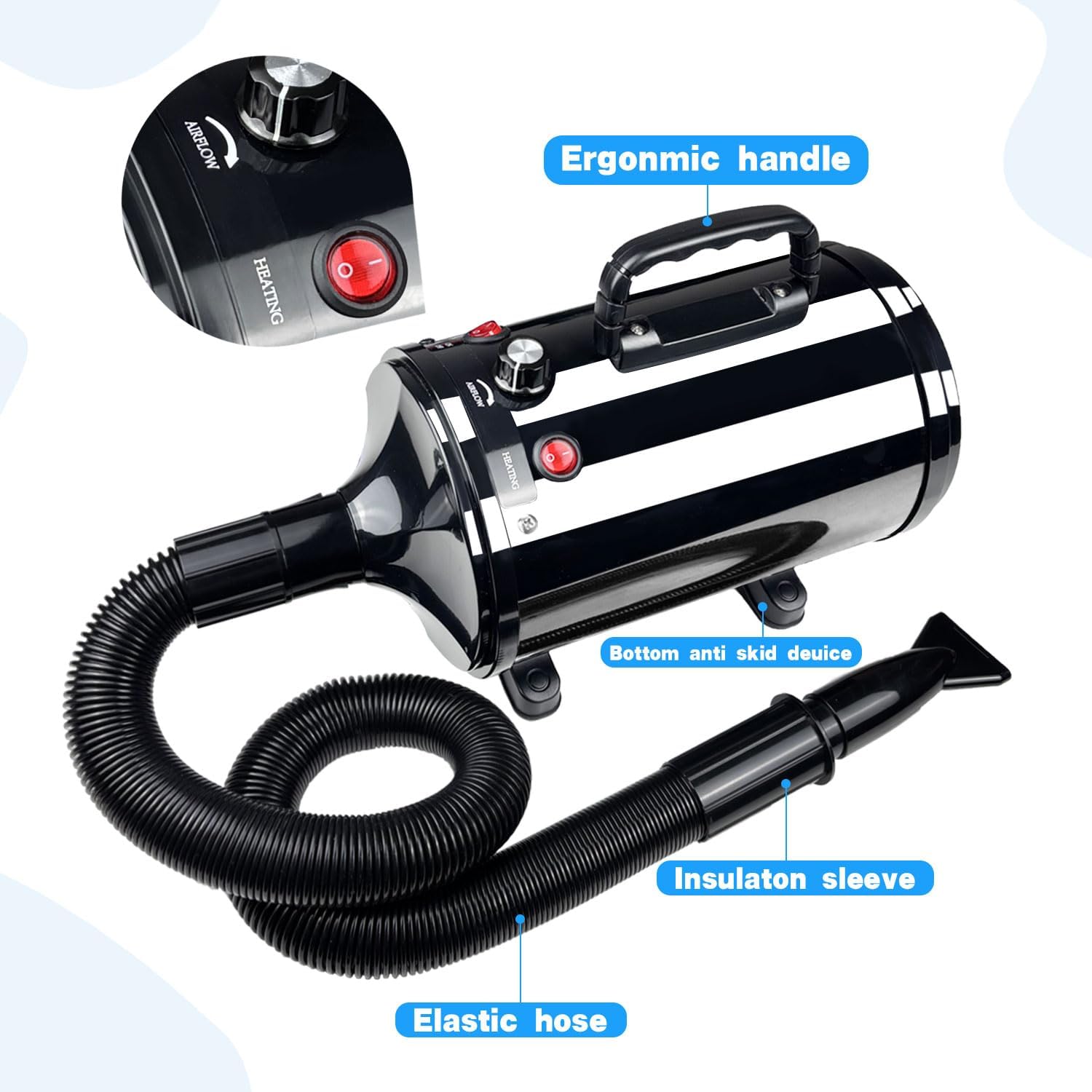 High Velocity Professional Dog Grooming Dryer,Adjustable Temperature and Speed Hair Dryer for Pets with 4 Nozzles
