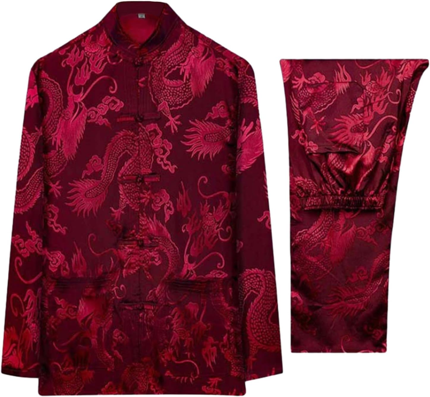 Mens Dragon Print Jacquard Chinese Kung Fu Suit Martial Arts Wing Chun Uniform Shirt Pants Set Tang Costume