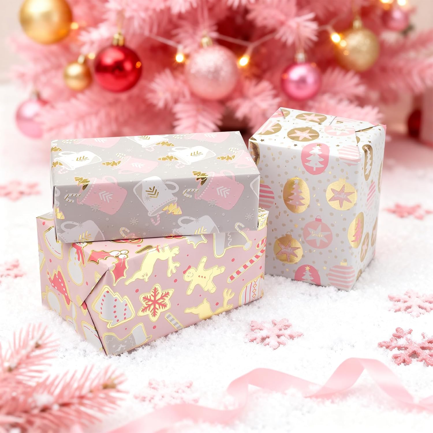 LDGOOAEL Mini Christmas Wrapping Paper Rolls (17"x120") - Easy-Tear Cut Lines on Back, Festive Pink & Grey Gingerbread Man Holidays Tree Metallic Shine for Small/Medium Gifts, Xmas Party image 4