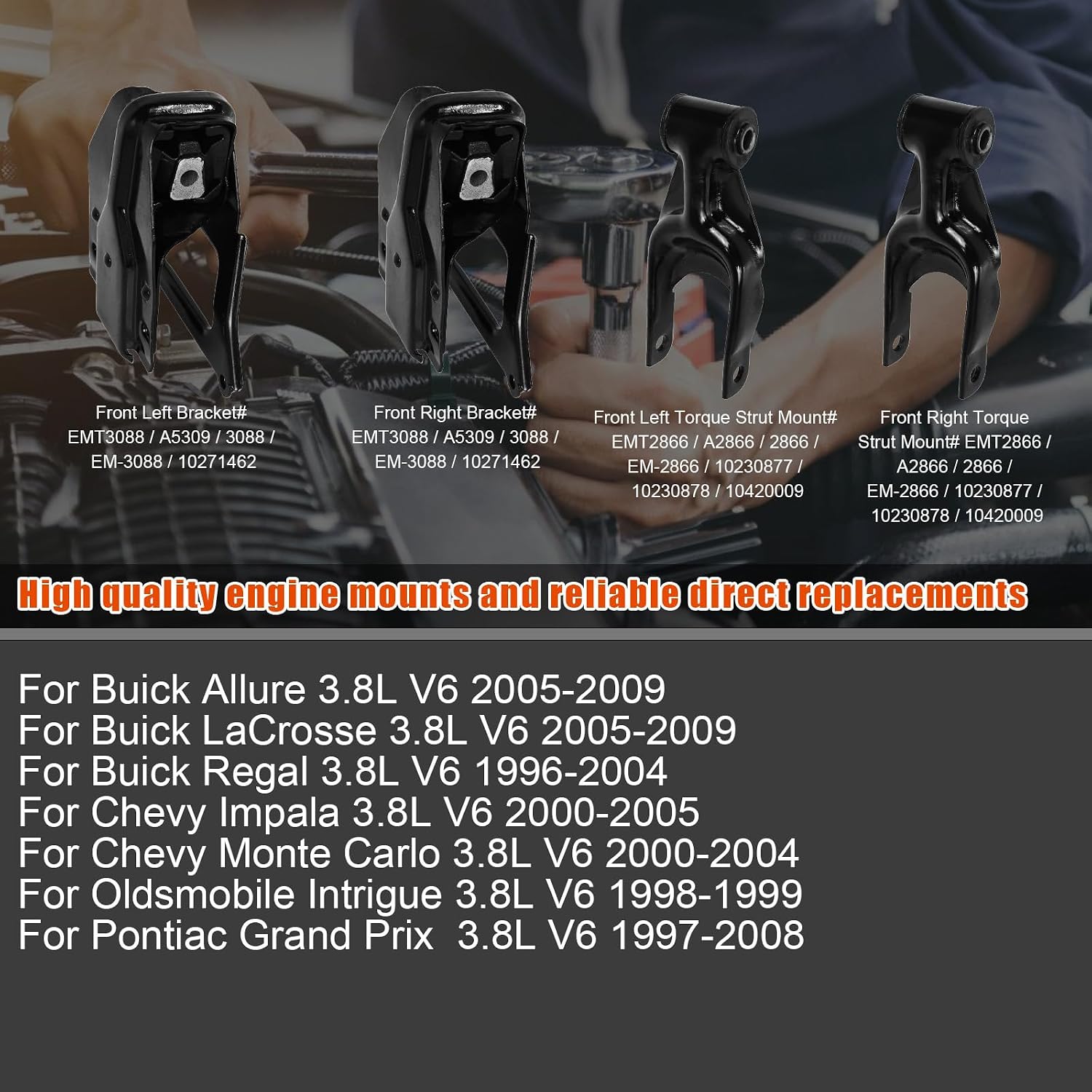 4pcs Engine Motor Mount Kit, for Bucik Allure Larosse 1996-2004, for Regal V6 3.6L 3.8L 2000-2005, for 1997-2008 Pontia Grand Prix, for Chevy Impala 2000-2005, Replace# A5309 A5309 A2866 A2866