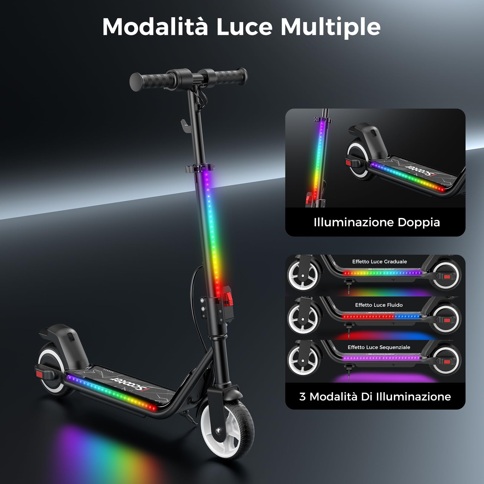 iScooter IK3MAX Monopattino Elettrico Bambini 6,5" Pieghevole,Per 8-15 Anni,Velocità 8/13/19 km/h,Autonomia 13km,Schermo LED,Luci Colorate,Bluetooth,Clacson,Manubrio Regolabile