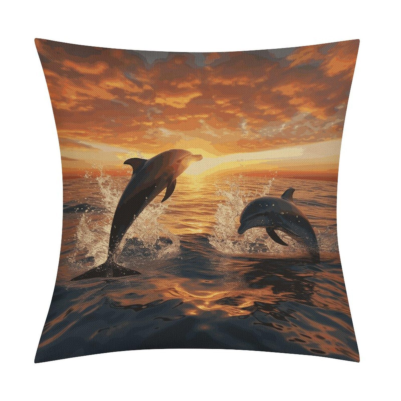 Dolphins Jumping Out of The Water at Sunset Throw Pillow Covers Farmhouse Pillow Cover Standard Pillow Shams Decorative Square Pillowcases Soft Pillow Cases Wrinkle Fade Resistant for Couch Home 18x18