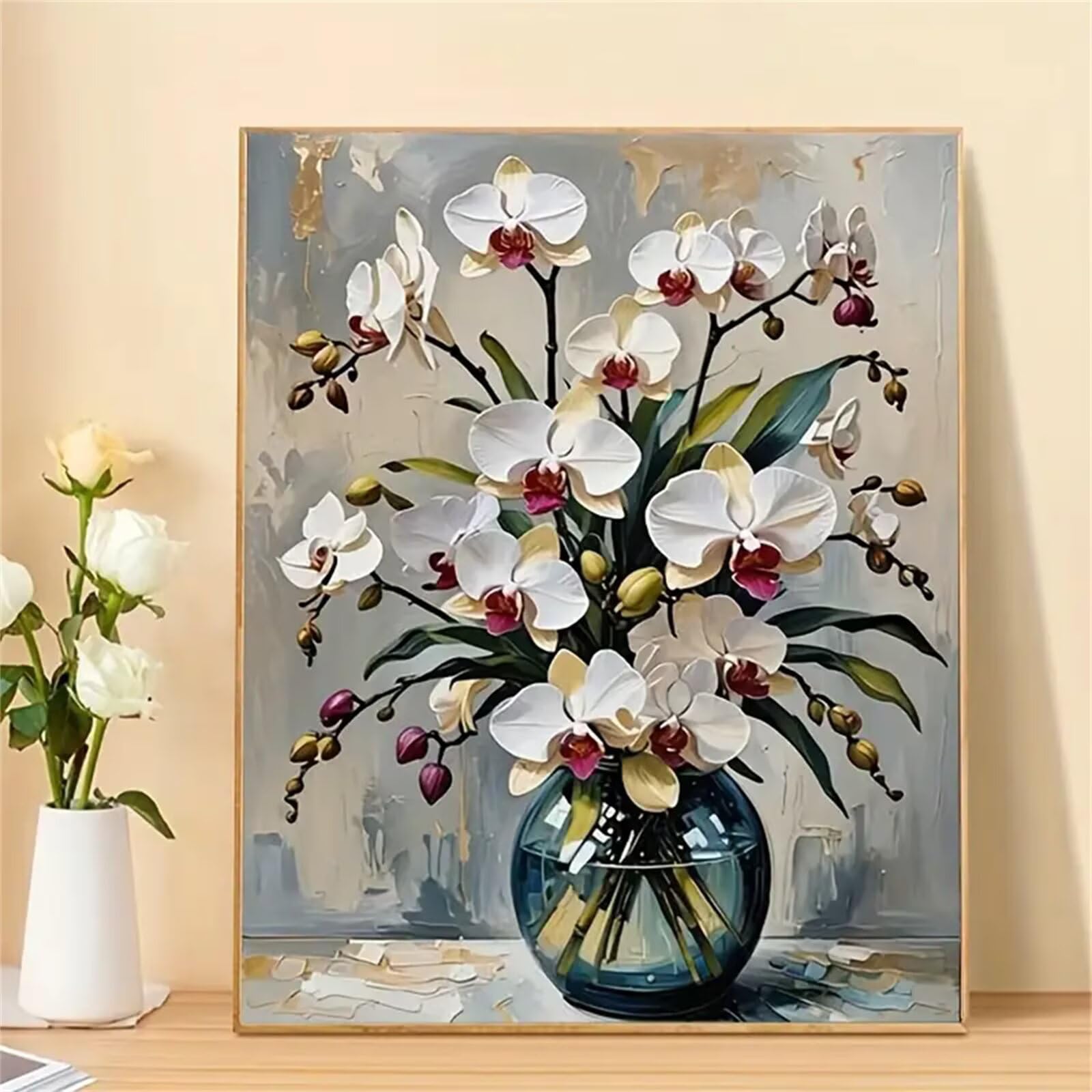 Yoonqun Pintar por Numeros para Adultos,con marco Paint by Numbers Kit DIY Cuadros Pintura al óleo de Lienzo con pigmento acrílico y pinceles para Hogar Pared Decoración Jarrón de orquídeas,60x75 cm