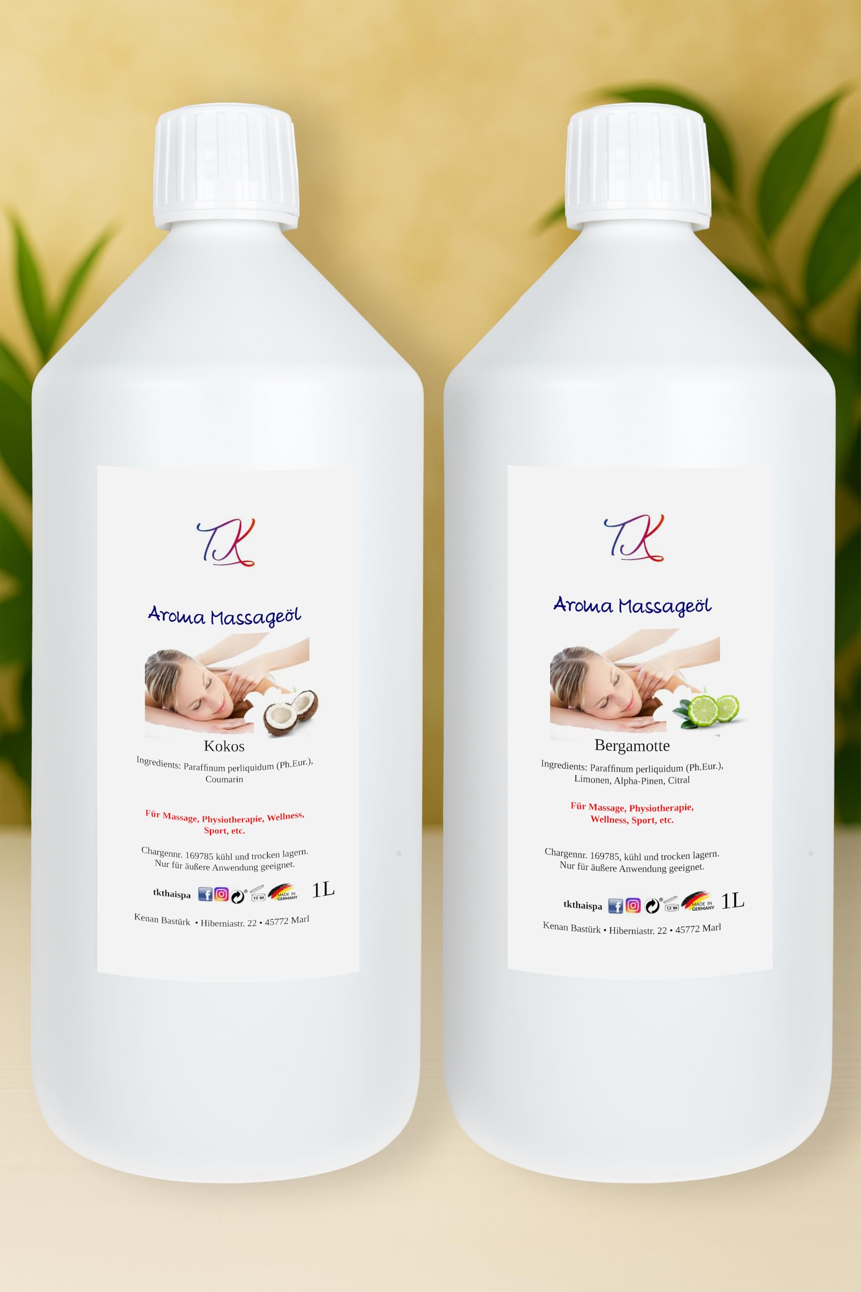 Aroma - Aceite de masaje (2 x 1 L) para masajes, fisioterapia, bienestar, deportes, etc. en calidad farmacéutica (coco y bergamota, 2000 ml)