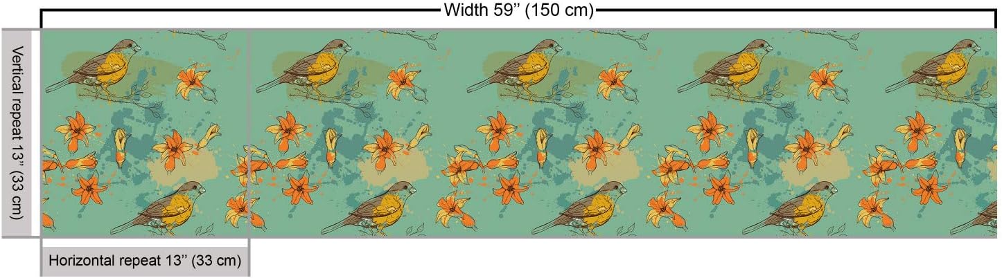 Lunarable Floral Fabric by The Yard, Bullfinch Birds Hyacinth Flowers and Blots, Decorative Fabric for Upholstery and Home Accents, 3 Yards, Seafoam Marigold