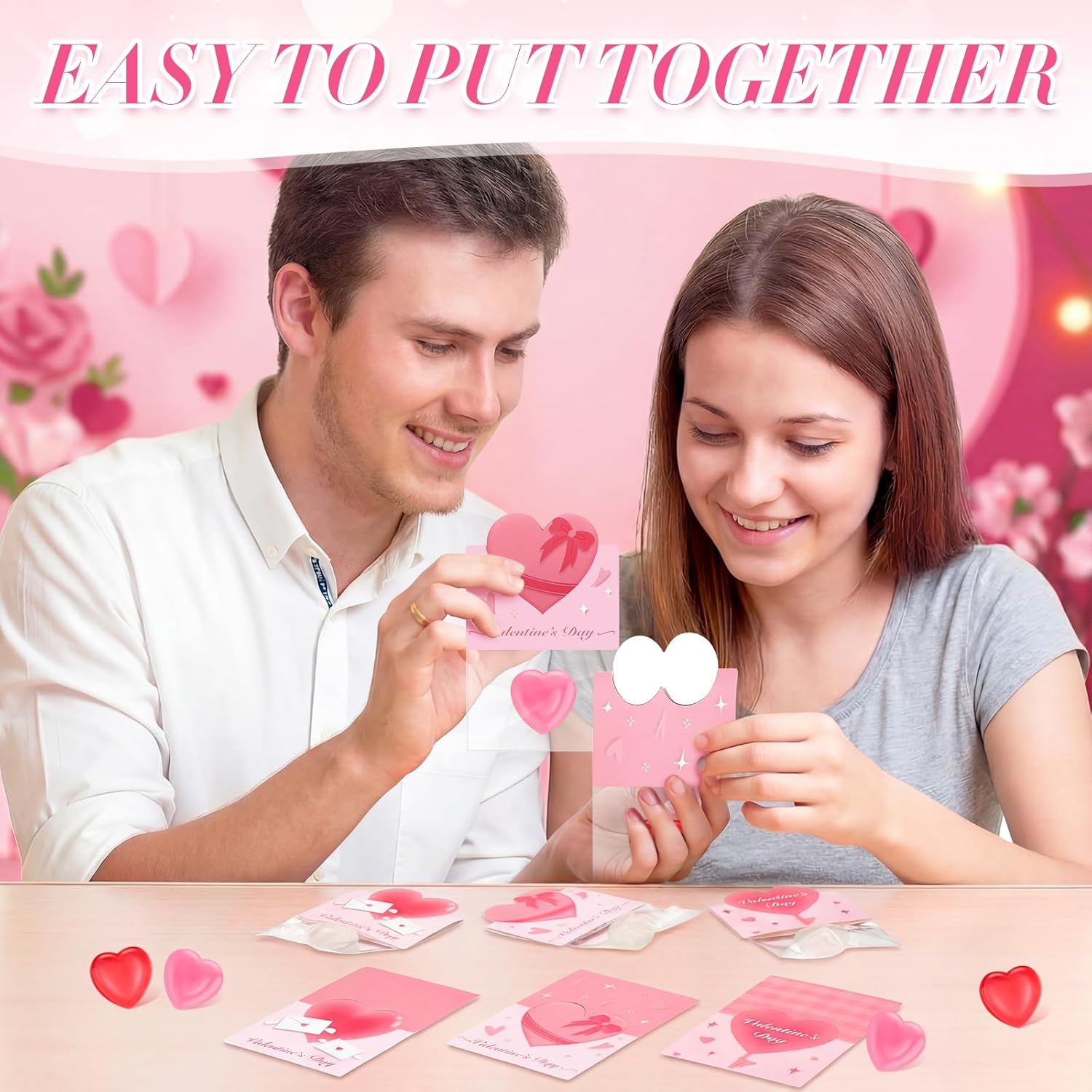 48 Pack Valentines Cards with Squeeze Heart Stress Ball Color Changing Fidget Sensory Squeeze Pink Greeting Cards Self-adhesive Bags Valentine's Gift Exchange Party Favors