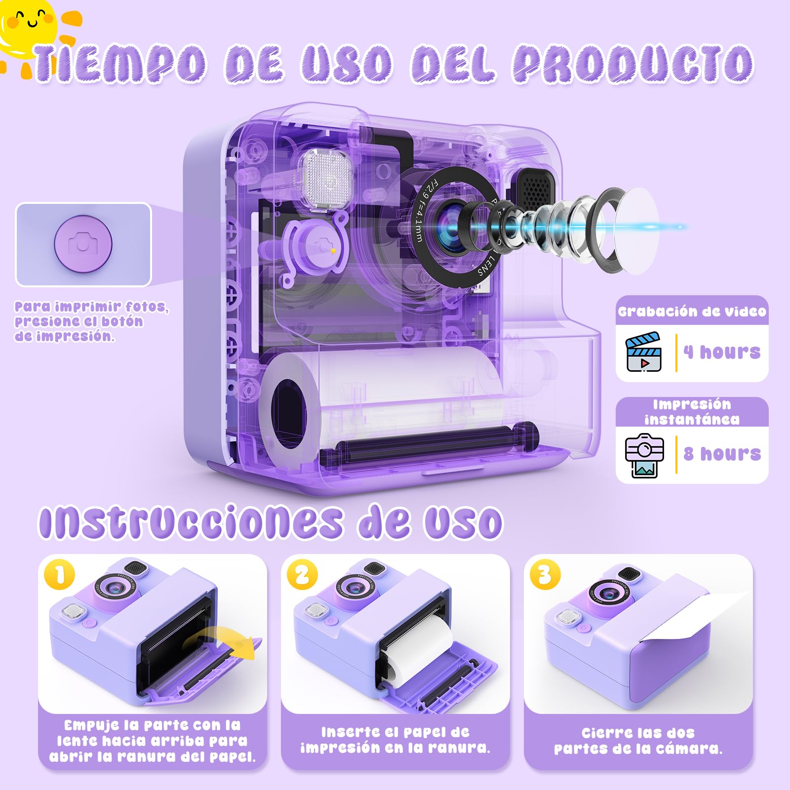 Camara de Fotos Instantaneas,2.4" 1080P HD Camara Fotos Infantil Instantaneas Juguetes Niños 3-12 Años Cámara Instantánea Niños de Foto & Video 1080P & Música&5 Juegos de Rompecabezas 32GB