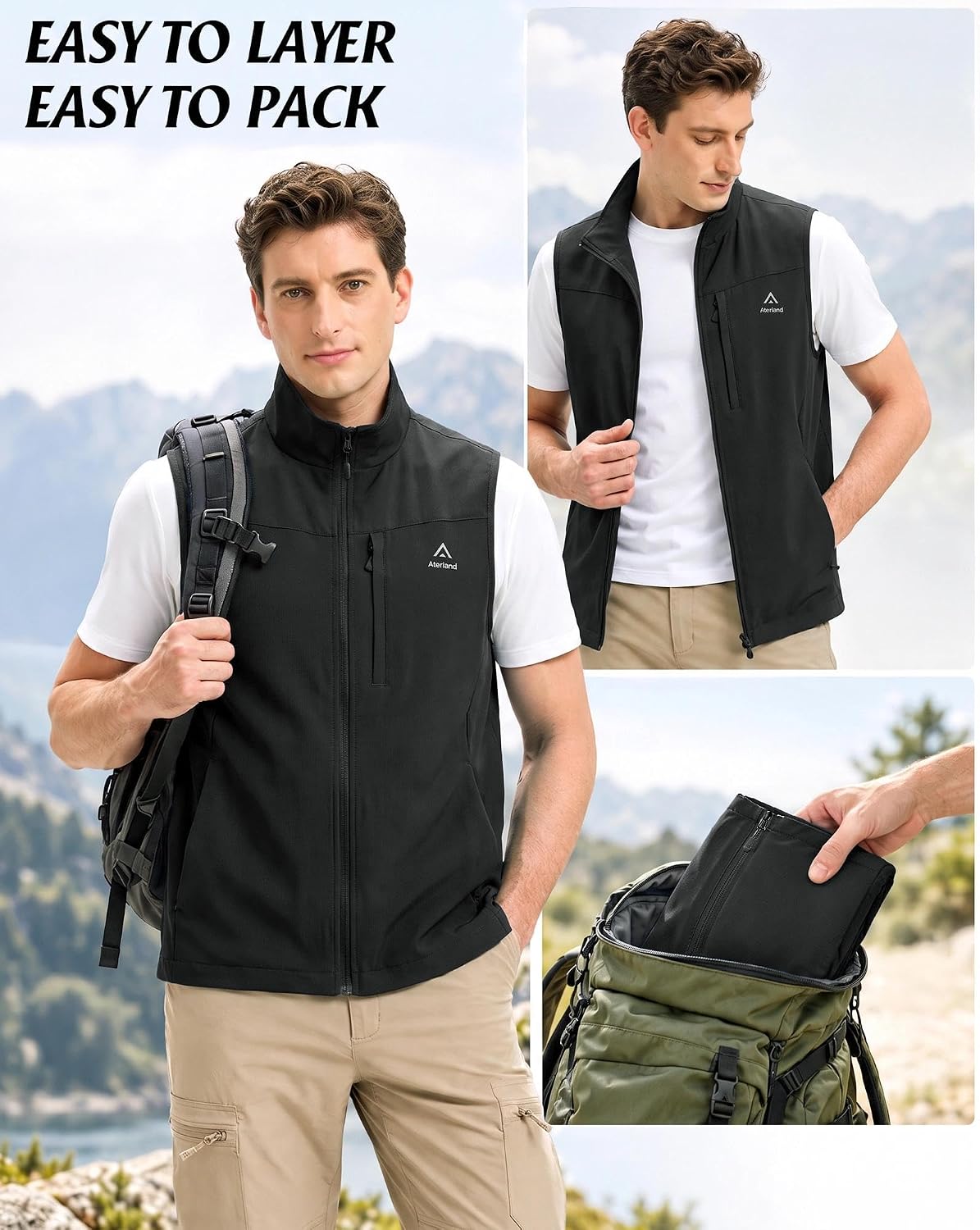 Men's Lightweight Hiking Vest, Water-Repellent 4-Way Stretch