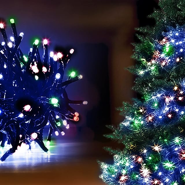 ANSIO® Christmas Lights 480 LED 6m/20ft Cluster Christmas Tree Lights for Indoor & Outdoor Multicoloured Decorations Fairy Lights with Timer for Xmas Garden Bedroom & Party | Mains Powered Green Cable