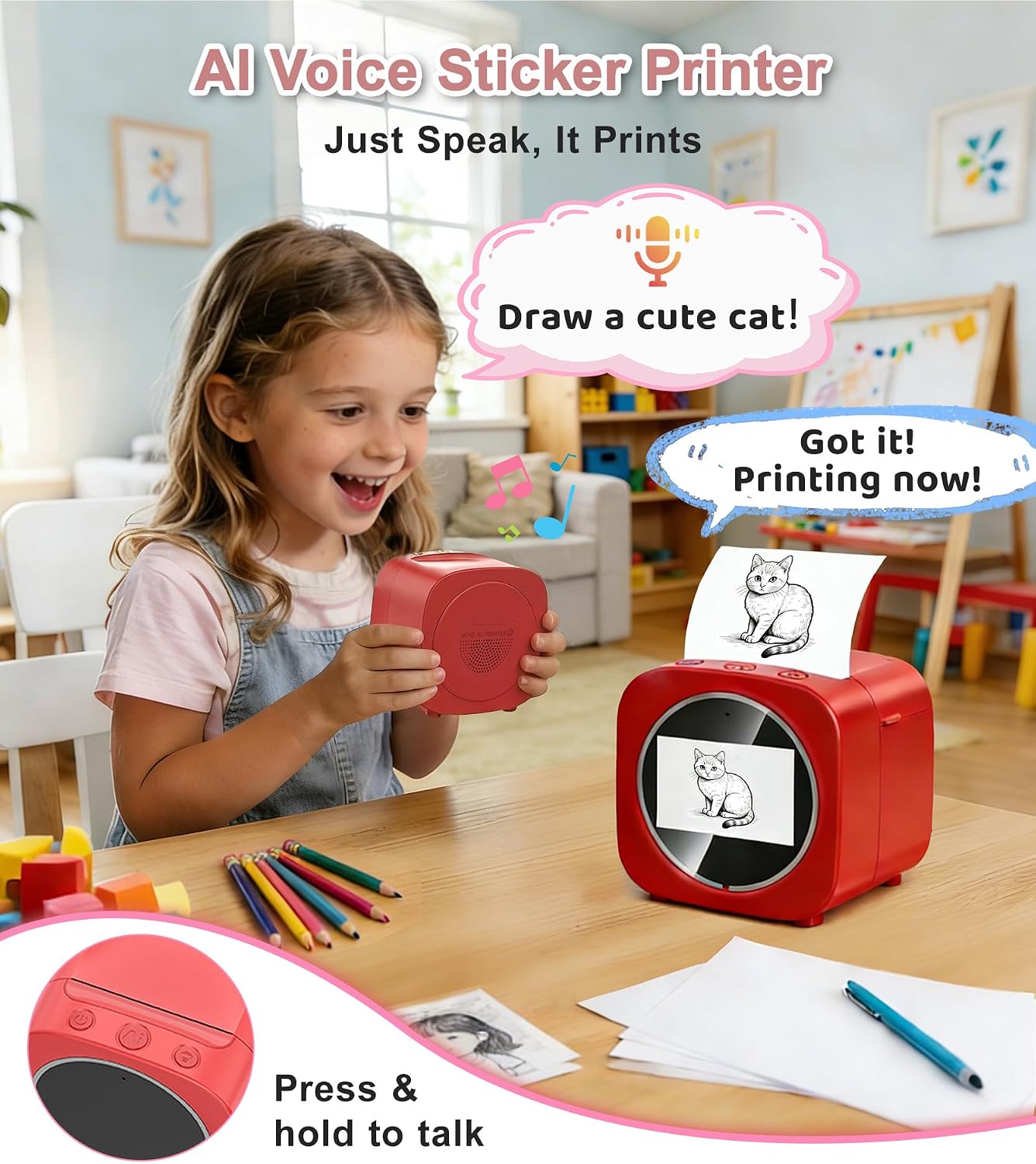 AI Voice Sticker Printer for Kids, Portable Thermal Sticker Printer Box with Display, Voice-Activated Inkless Mini Sticker Machine for Journaling, DIY Crafts & Creative Gifts for Boys Girls Ages 5+