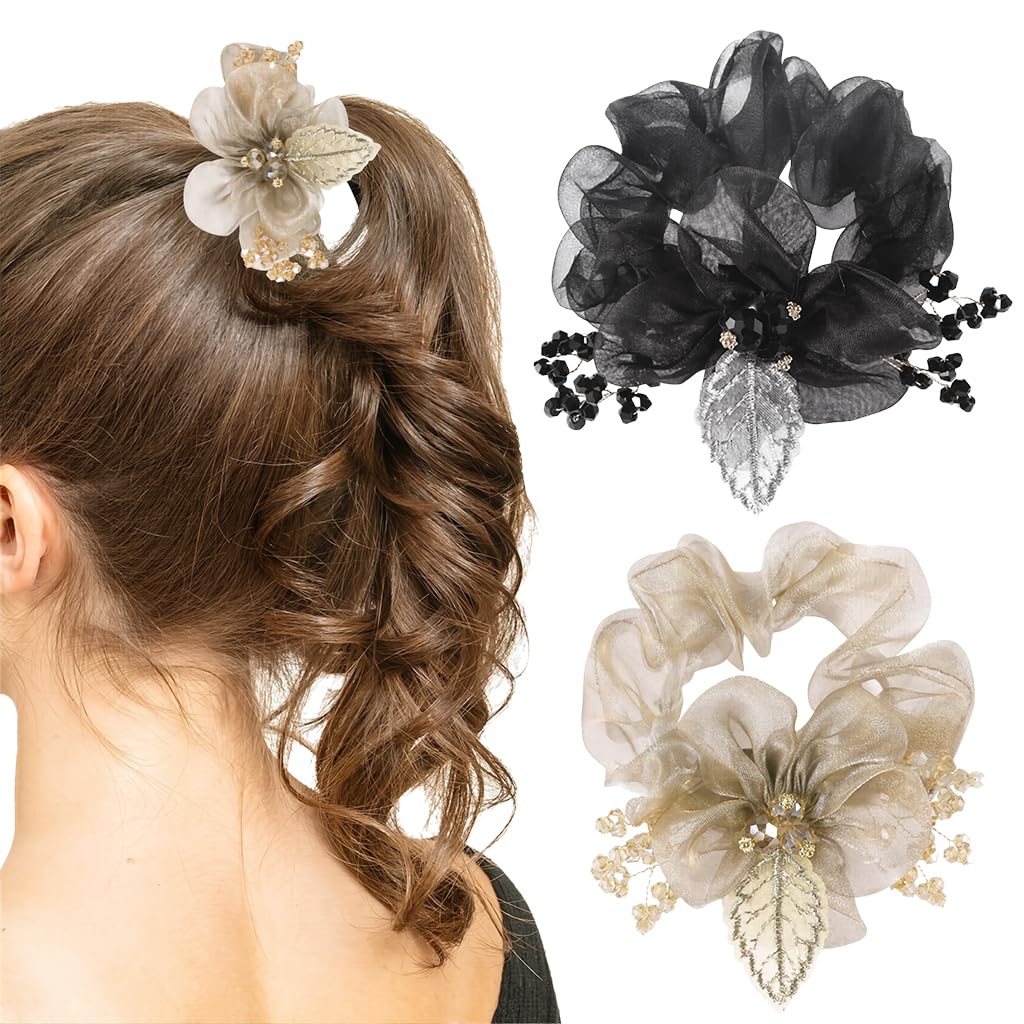 MAYCREATE® Scrunchie Hair Bands for Women Girls, 2PCS Floral Rubber Band for Hair Elastics Ties Scrunchies Set, Sheer Organza Flower with Beaded Accents