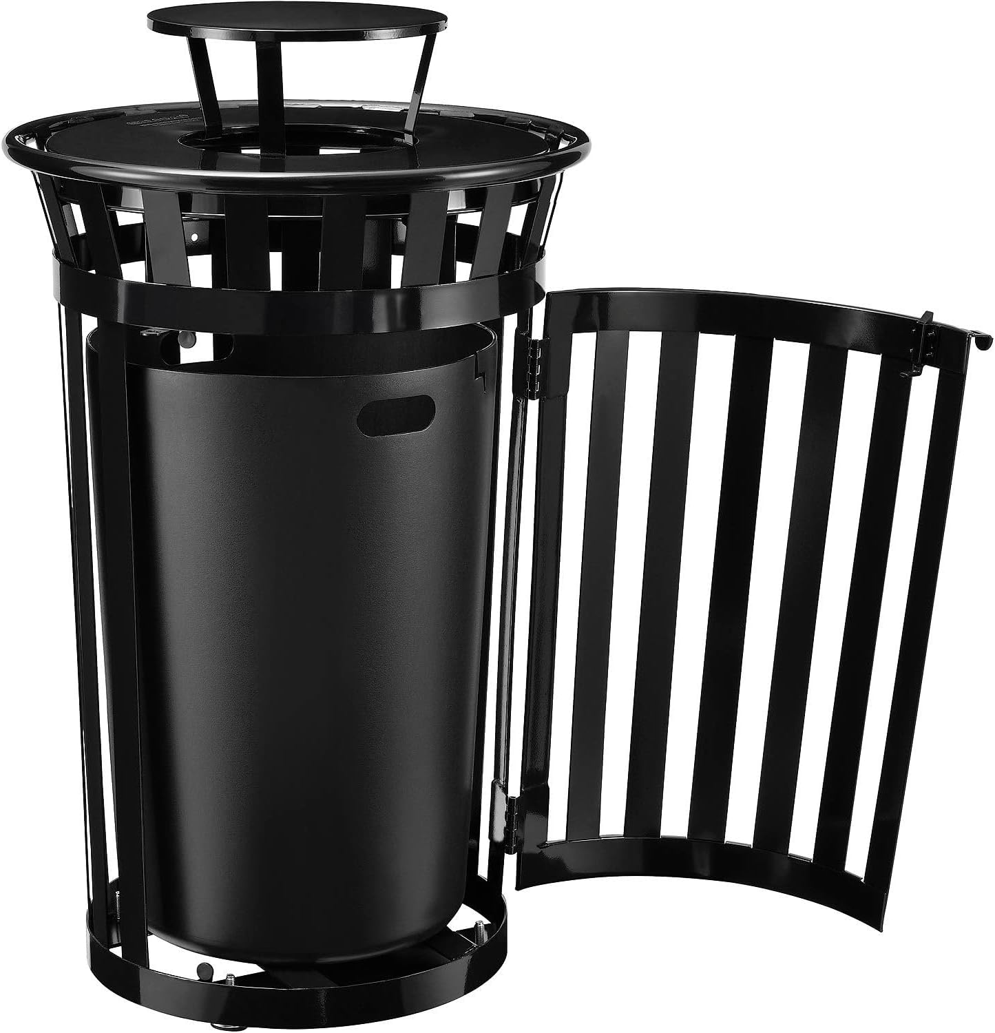 Global Industrial 36 Gallon Outdoor Steel Slatted Receptacle with Access Door & Rain Bonnet Lid, Plastic Liner and Anchor Kit Included, 28" Dia. X 47-3/4"H, Black