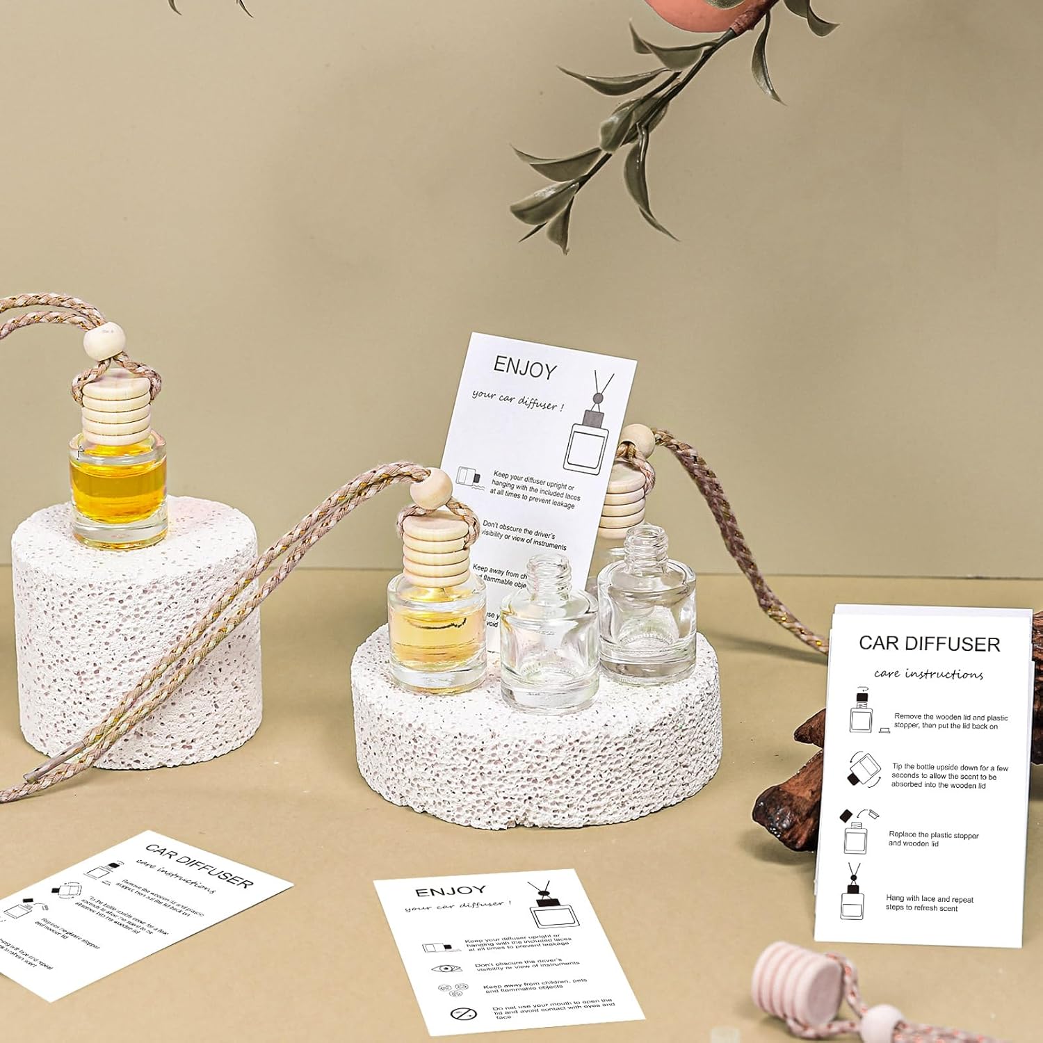 100 Sets Car Diffuser Bottles Empty Bulk Hanging Car Air Freshener Diffuser Bottles Glass Perfume Holder with Instruction Cards for Essential Oil Valentines Birthday Gifts (Cylindrical) - Image 2