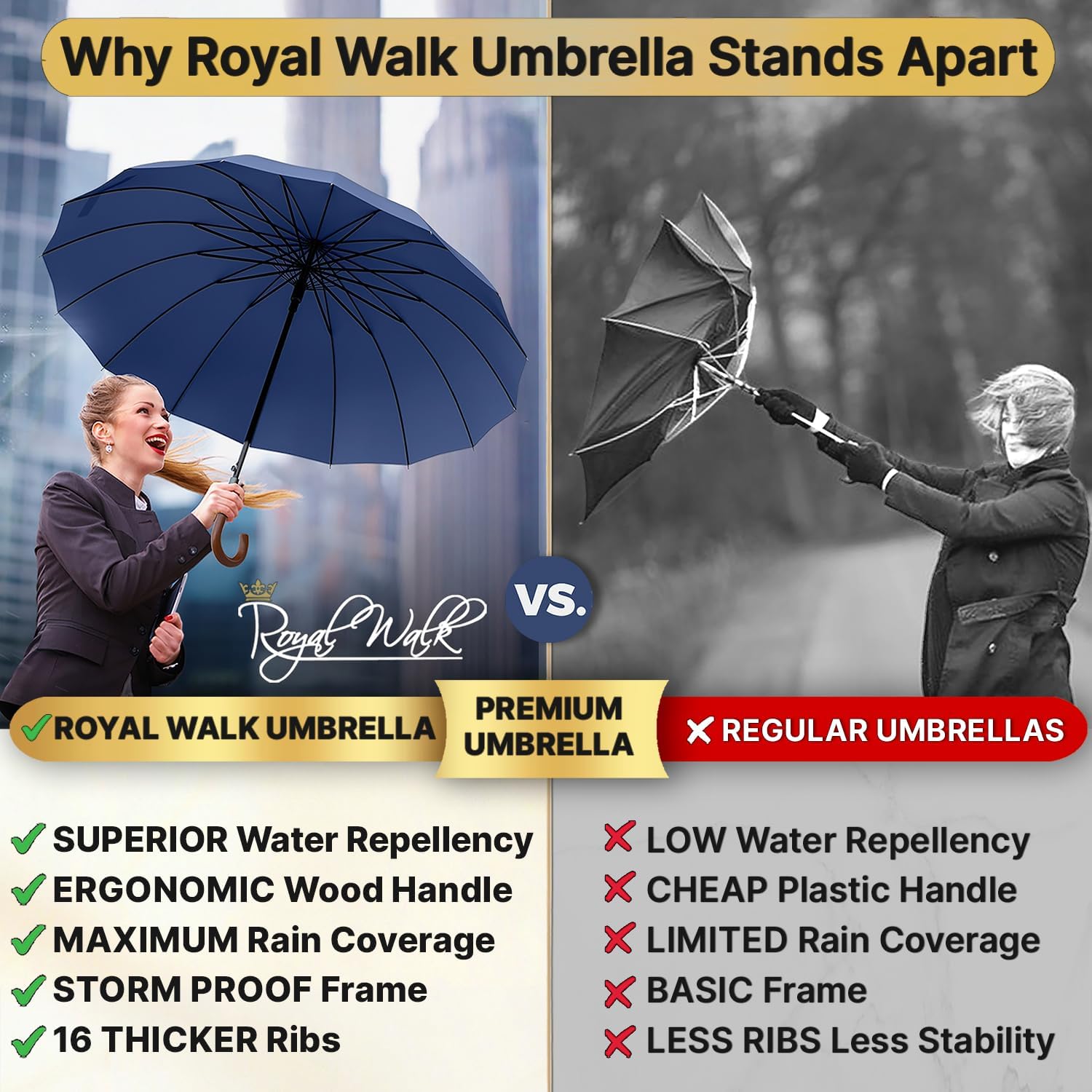 Royal Walk Duży XXL 54 cali automatyczny parasol golfowy dla kobiet i mężczyzn, odporny na burzę, wiatroszczelny, lekki, klasyczny, dla 2 osób, drewniany uchwyt, wodoodporny, 16 żeber, uniseks, 120 cm