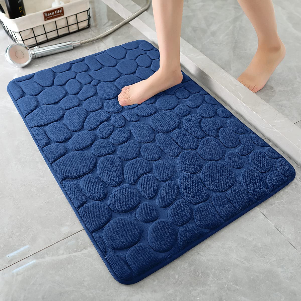 YIHOUSE Memory Foam Bath Mat Cobblestone Bathroom Rugs Super Water Absorbent Bath Mats for Bathroom Machine Washable Bath Rugs(17x24,Dark Blue)