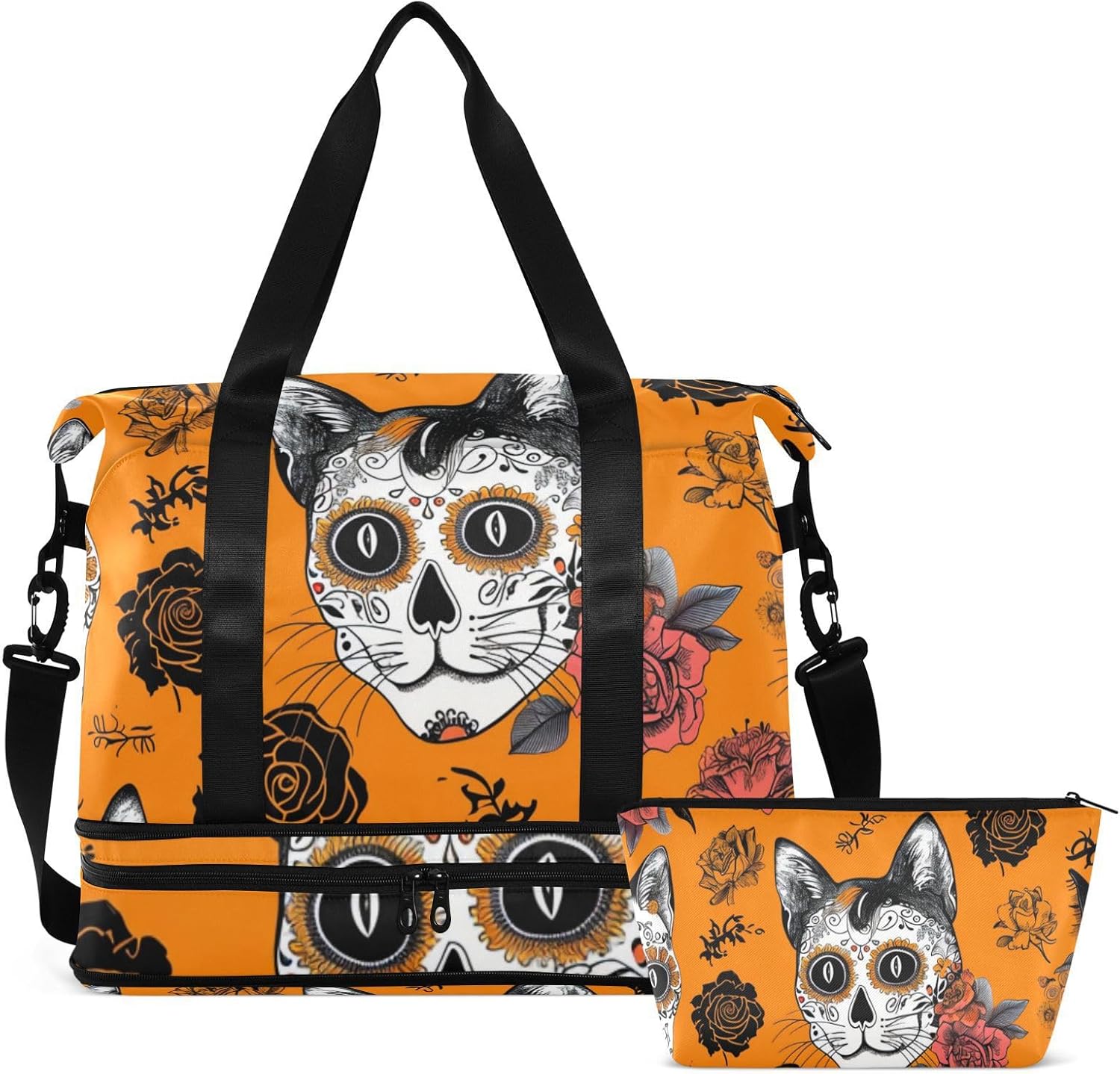 Gothic Skeleton Cat Sports Tote Gym Bag Sport Training Bag with Toiletry Bag for Yoga Large Capacity