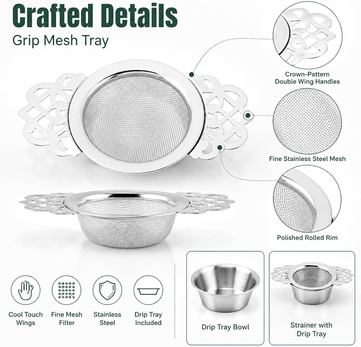 2 Pack Fine Mesh Tea Strainers with Bowls, Stainless Steel Loose Tea Infuser Strainers for 2.5-4 Inch Cup Mouth, Filters with Double Wing Handle Extender Ideal for Loose Tea Juice Coffee Filter